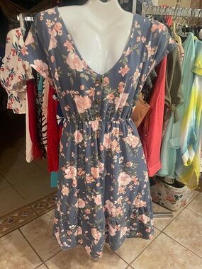 Blue Floral Button-Front Casual Dress